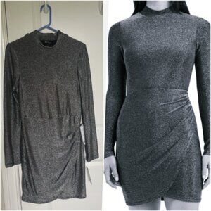 New with Tag (NWT) BCX Silver Glitter Bodycon Junior Long Sleeve Mock Neck Dress